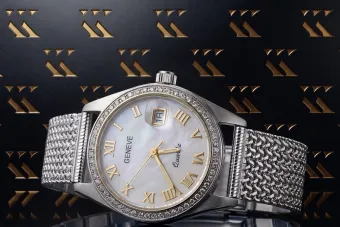Blanco 14k oro Geneve dama reloj 0.25ct Diamantes esfera de perlas lwd078wdpr