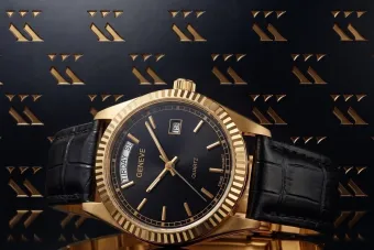 Yellow 14k gold men's women's Geneve watch mw013ydbc black dial
