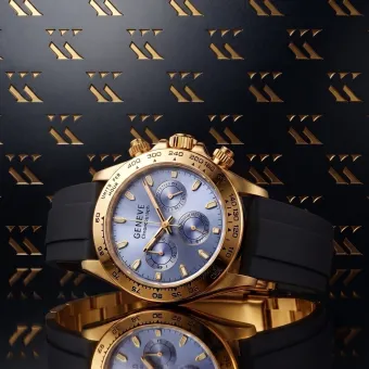14K Goldene Herrenuhr, Blaues Zifferblatt, Lederarmband, 40mm