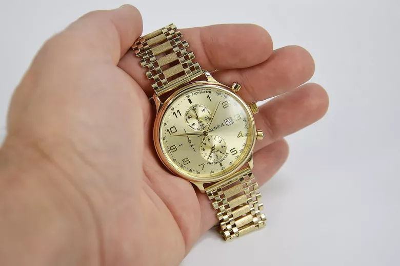 Желтые мужские часы из золота 14k 585 Geneve mw005y&mbw010y