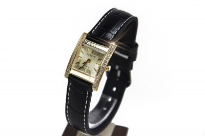 Italian Yellow 14k Gold Leather Lady Watch Geneve: 14K Yellow Gold, Gold Dial, Gold & Black Dia. lw035y