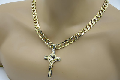 Italian Yellow 14k Gold Catholic Cross & Gourmette Set 