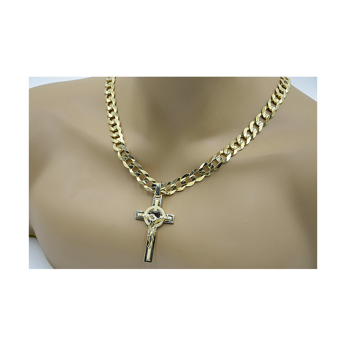 Italian Yellow 14k Gold Catholic Cross & Gourmette Set 