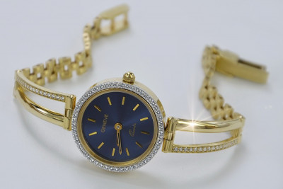 Montre de dame en or jaune italien Geneve, Bleu lw075y