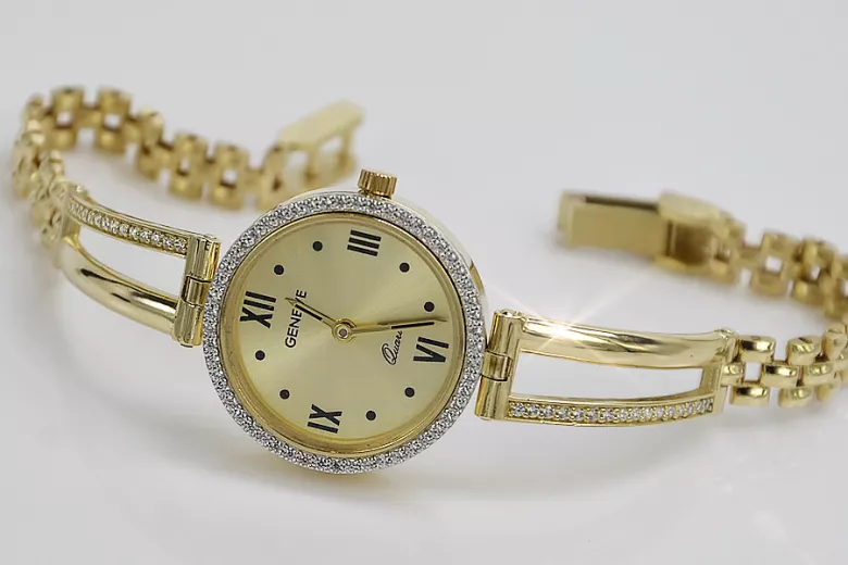 14k żółte złoto, Niebieski cyferblat, Złoty cyferbla Lady Watch Geneve lw075y