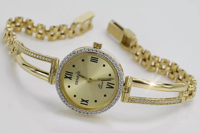 14k żółte złoto, Niebieski cyferblat, Złoty cyferbla Lady Watch Geneve lw075y