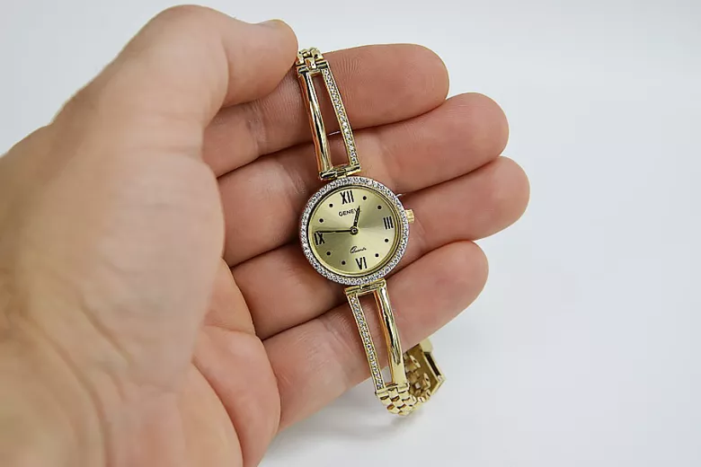 Reloj de dama de oro amarillo italiano Geneve de 14 quilates, Azul, Oro lw075y