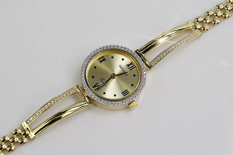 Montre de dame en or jaune italien Geneve, Bleu lw075y