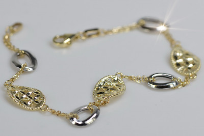 Pulsera de oro blanco y amarillo italiano de 14k con piedras preciosas. cb146yw