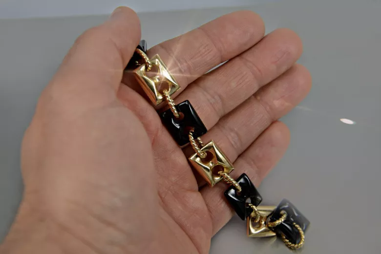 Bracelet en or jaune italien 14 carats avec onyx et pierres précieuses cb102y