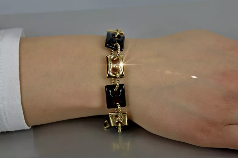 Bracelet en or jaune italien 14 carats avec onyx et pierres précieuses cb102y