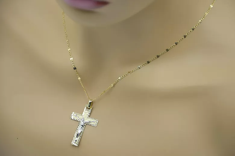 14K Gelb- & Weißgold Katholischer Jesus Kreuz-Anhänger ctc003yw