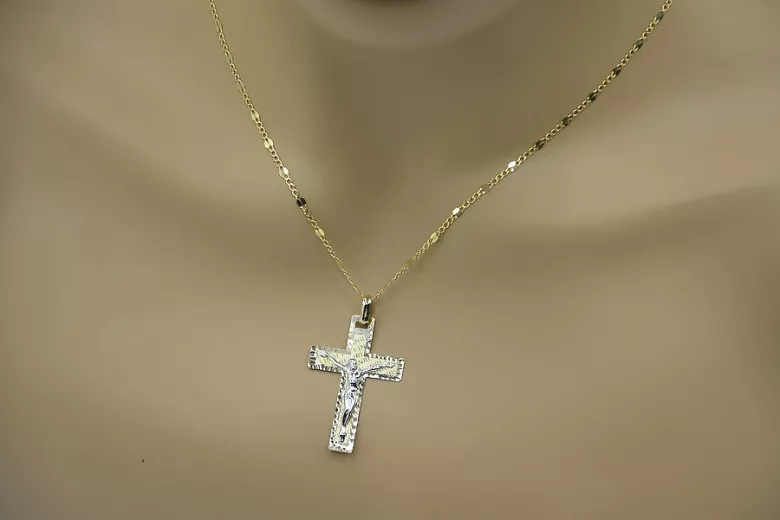 14K Gelb- & Weißgold Katholischer Jesus Kreuz-Anhänger ctc003yw