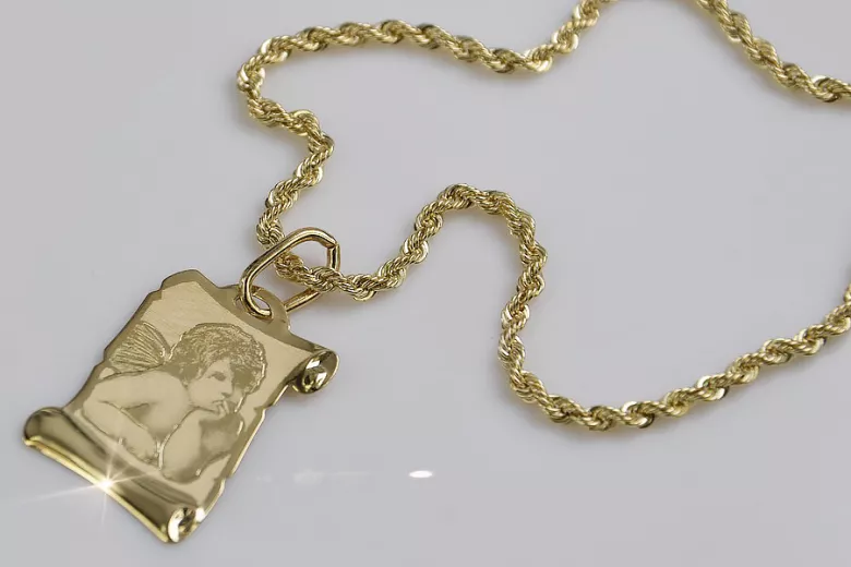 Medallón de Ángel de Oro Amarillo 14k Italiano con Cadena de Cuerda pm016ycc019y