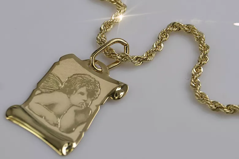 Medallón de Ángel de Oro Amarillo 14k Italiano con Cadena de Cuerda pm016ycc019y