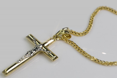 Włoski złoty krzyż katolicki 14k z łańcuchem Spiga ctc001y&cc036y