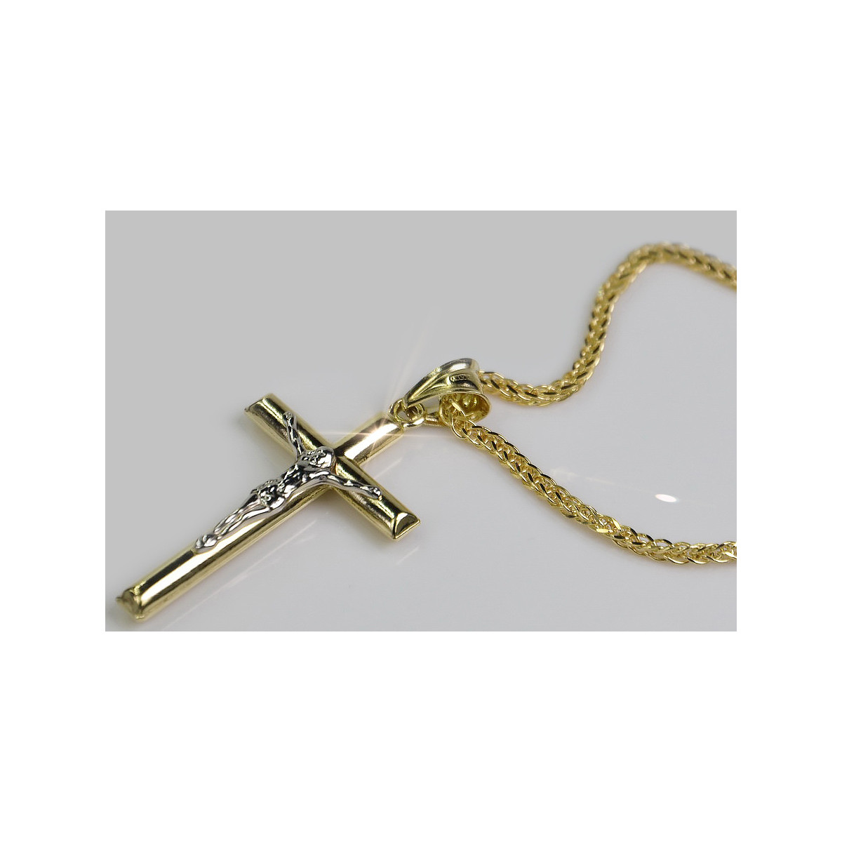 Elegant Italian 14k Gold Catholic Cross Necklace with Spiga Chain ctc001y&cc036y