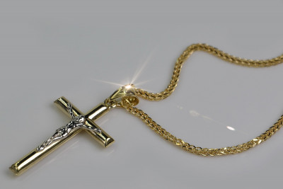 Elegant Italian 14k Gold Catholic Cross Necklace with Spiga Chain ctc001y&cc036y