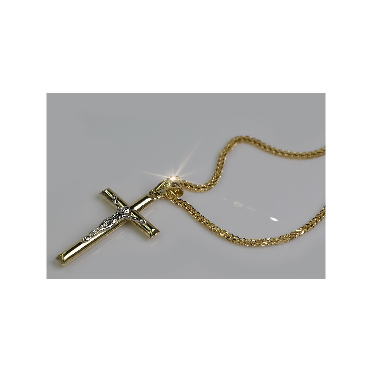 Elegant Italian 14k Gold Catholic Cross Necklace with Spiga Chain ctc001y&cc036y