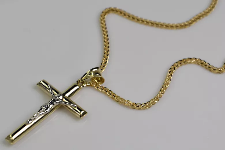 Croix catholique en or jaune 14k et chaîne Spiga - Collection Ciel béni ctc001y&cc036y