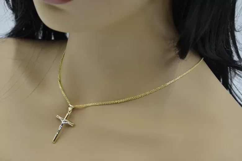 Elegant Italian 14k Gold Catholic Cross Necklace with Spiga Chain ctc001y&cc036y