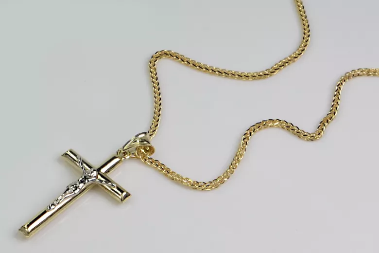 Elegant Italian 14k Gold Catholic Cross Necklace with Spiga Chain ctc001y&cc036y