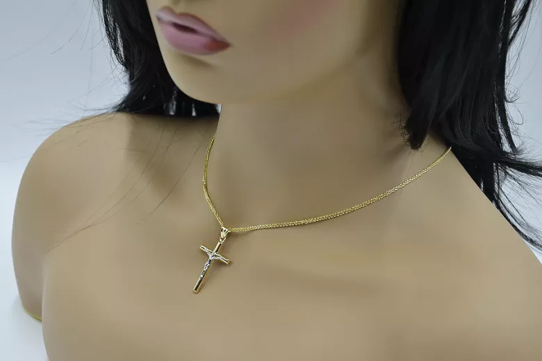 Elegant Italian 14k Gold Catholic Cross Necklace with Spiga Chain ctc001y&cc036y