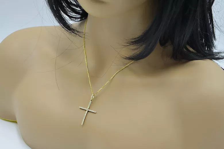 Włoski złoty krzyż katolicki 14k z łańcuszkiem Spiga ctc011y&cc035y