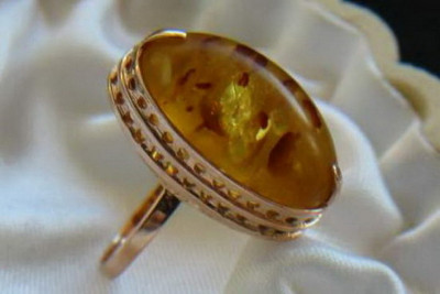 "Authentic Amber Stone Ring in Vintage 14K Rose Gold" vrab014 vrab014