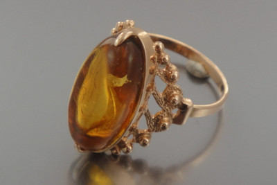 "14K 585 Gold Amber Ring with Vintage Rose Accents" vrab037 vrab037