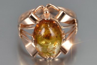 Radziecki 14k 585 złoty Rosyjski pierścionek z różowego złota z bursztynem  vrab051