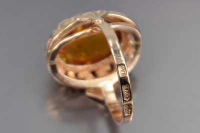 "Elegant Amber Stone Ring with 14K Vintage Rose Gold Details" vrab054 vrab054