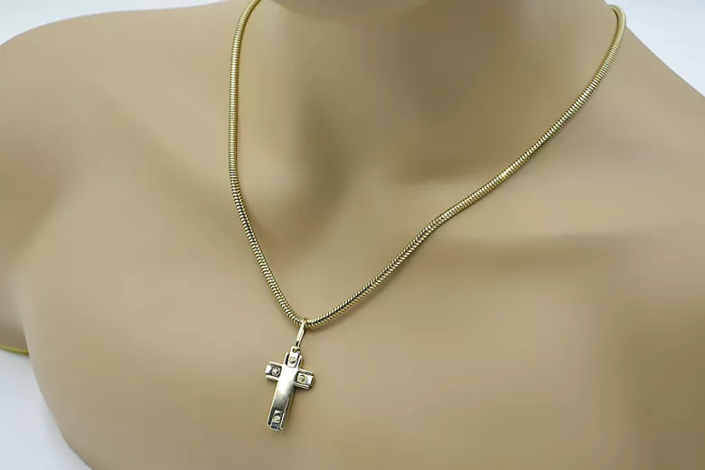 Golden 14k Cross Necklace - Catholic Symbol Snake Chain ctc025yw&cc020y