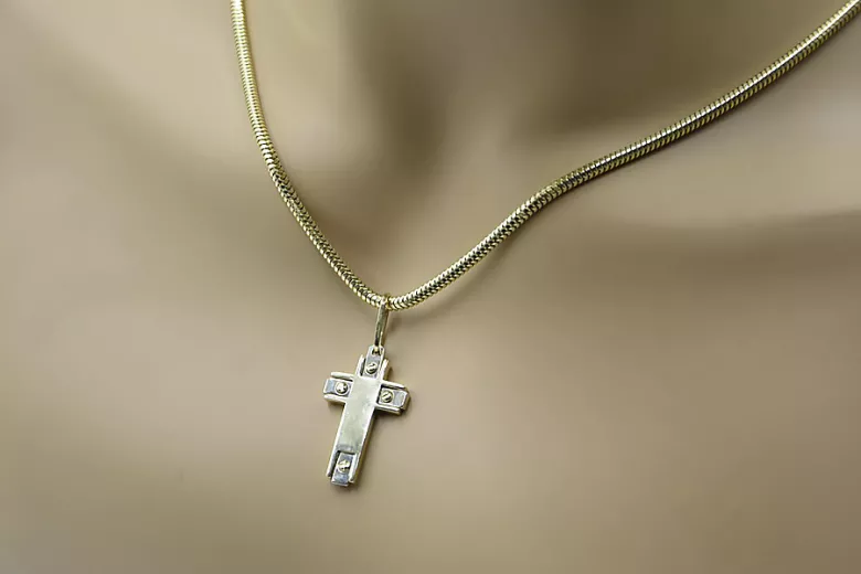 Golden 14k Cross Necklace - Catholic Symbol Snake Chain ctc025yw&cc020y