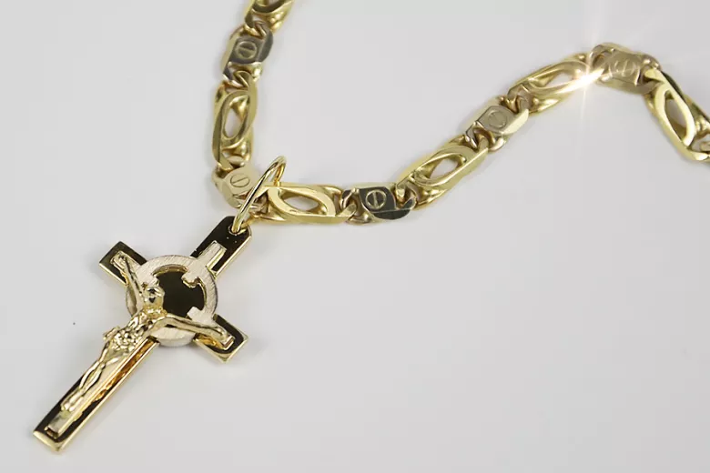 Croix catholique en or jaune et blanc 14 carats élégante 