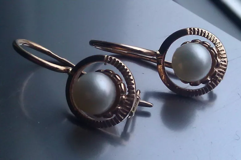 Pendientes de perlas de oro rosa rosa rusa soviética 14k 585