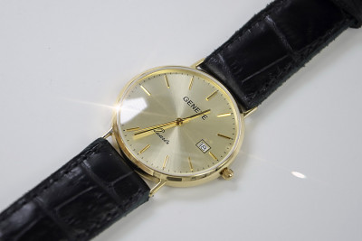 Italian Yellow 14K Gold Men's Watch Geneve with White Dial and Gold Dia mw006y