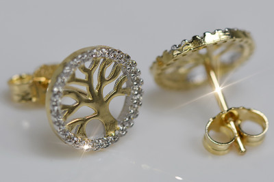 Boucles d'oreilles en or jaune 14 carats, Arbre de la chance en Zircone cec005y