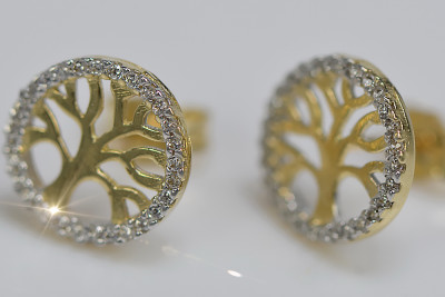 Boucles d'oreilles en or jaune 14 carats, Arbre de la chance en Zircone cec005y