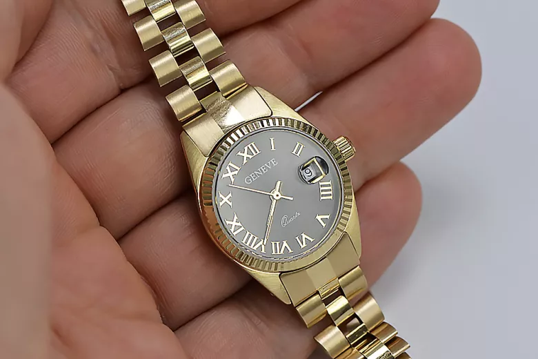 14k żółte złoto, Czarny cyferblat Geneva Lady Zegarek lw059ydbc