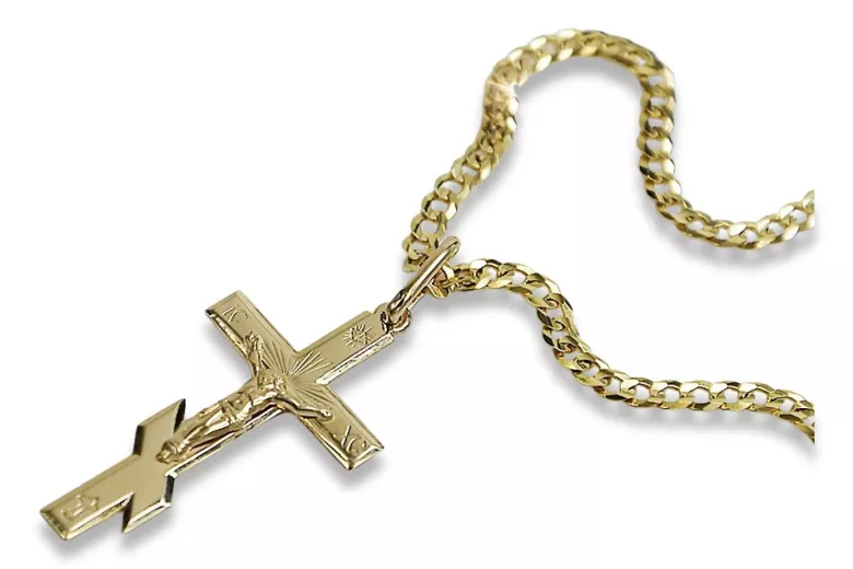 Goldene 14k 585 Orthodoxes Kreuz Anhänger mit Gurmeta Kette oc001y&cc001y