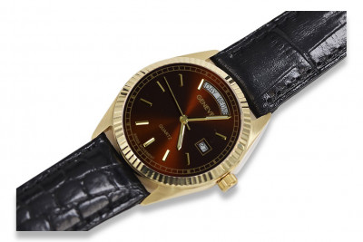 Reloj de oro amarillo de 14 quilates con correa negra mw013y