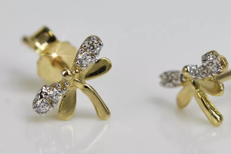 Boucles d'oreilles dragonfly en or jaune 14 carats, Zircons cec015y