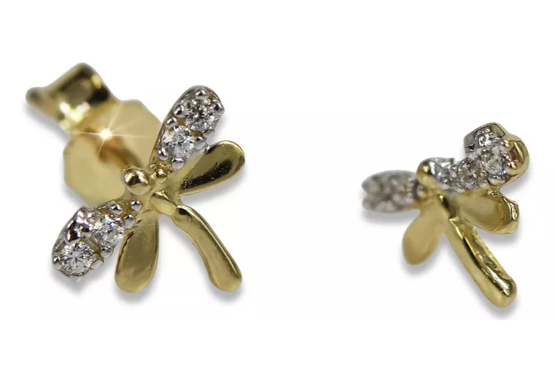 Boucles d'oreilles dragonfly en or jaune 14 carats, Zircons cec015y