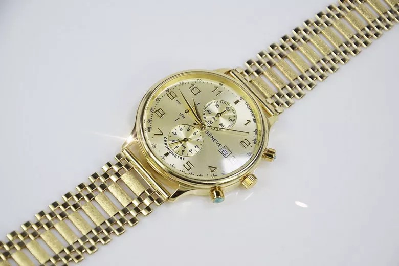 Желтые мужские часы из золота 14k 585 Geneve mw005y&mbw010y