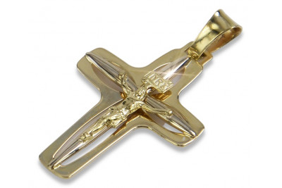 Cruz católica de Jesús en oro blanco y amarillo de 14 quilates ctc009yw