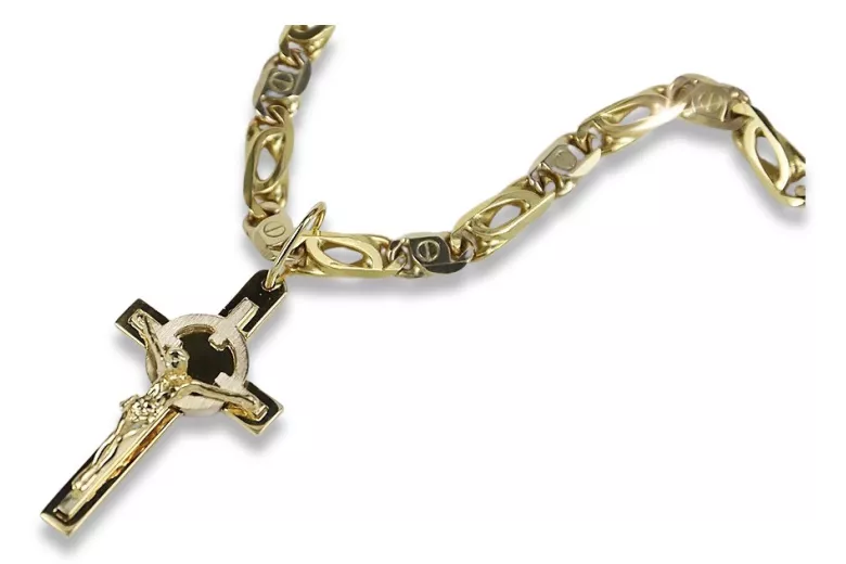 Croix catholique en or jaune et blanc 14 carats élégante 