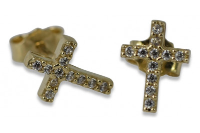 Pendientes de Cruz de Oro Amarillo 14k con Circonio cec013y