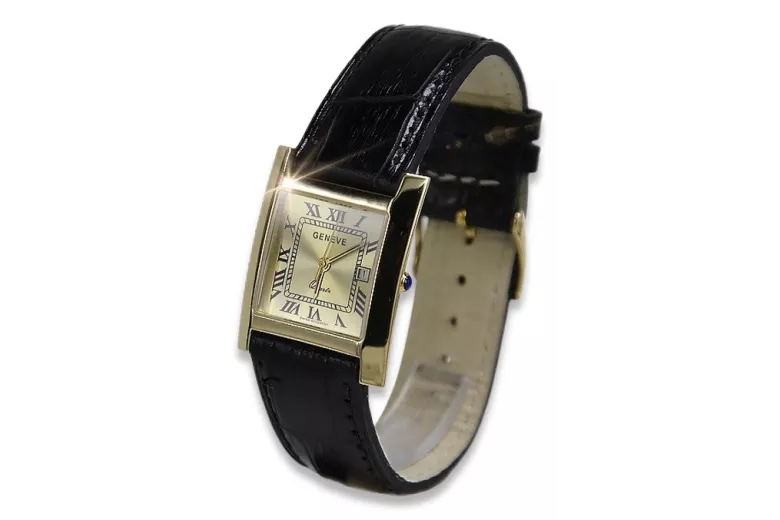 Italian Yellow 14K Gold Men's Watch Geneve - Gold & Black Dia. Bracelet mw009y