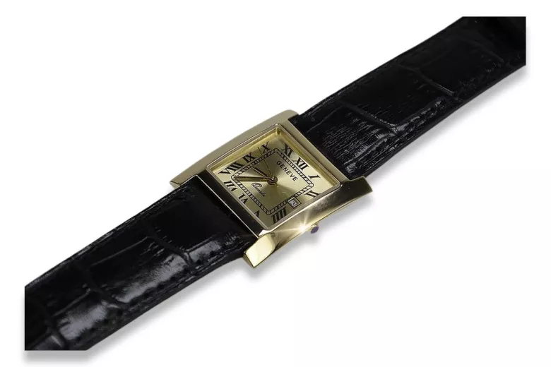 Italian Yellow 14K Gold Men's Watch Geneve - Gold & Black Dia. Bracelet mw009y